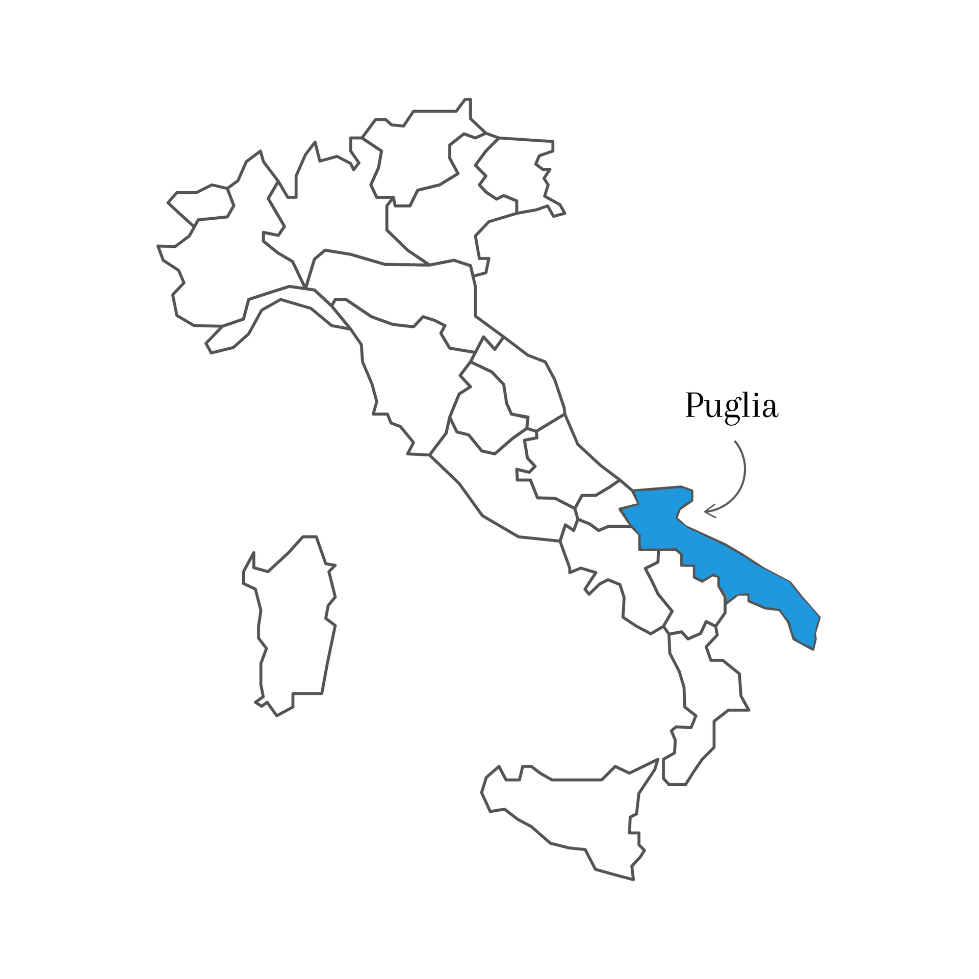 A map of italy with puglia highlighted in blue.