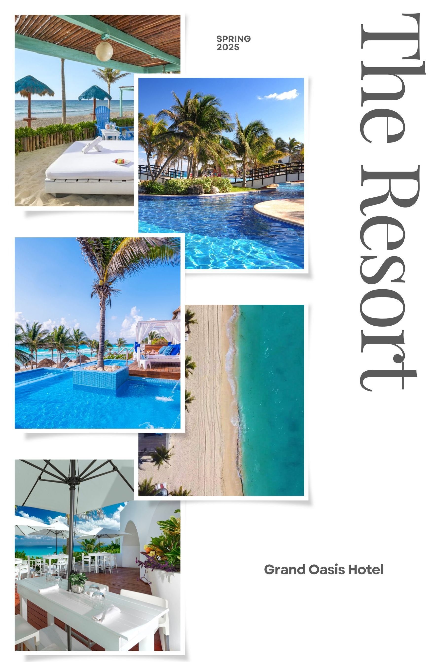 A collage of photos of a resort with a swimming pool and a beach.