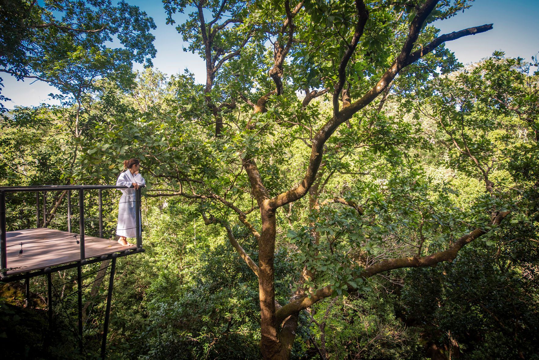 A woman is standing on a balcony in the middle of a jungle in Costa Rica.