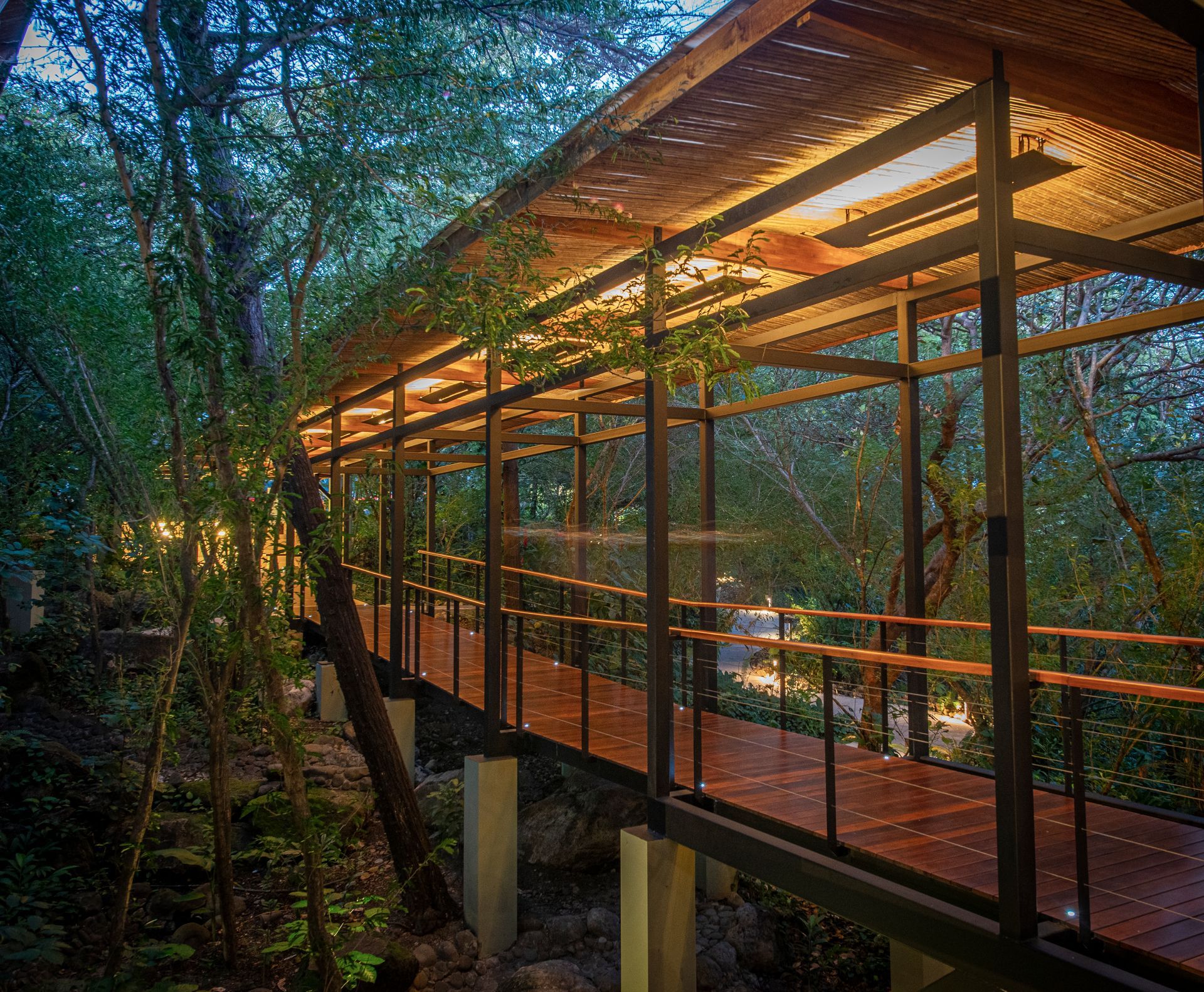 A wooden bridge leading to a tree house in the middle of a jungle in Costa Rica.