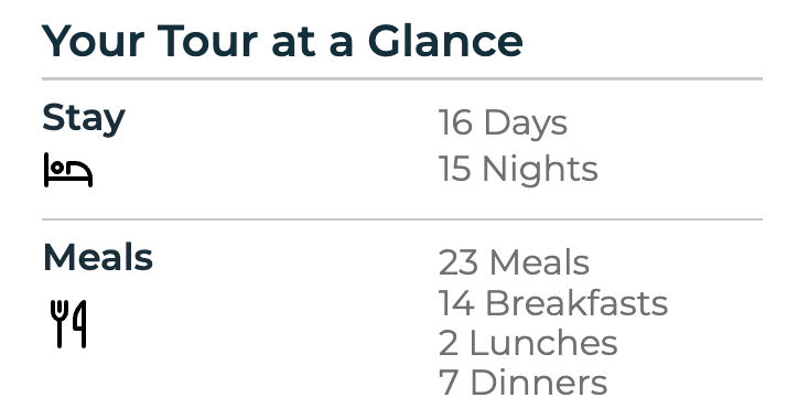 A table showing your tour at a glance