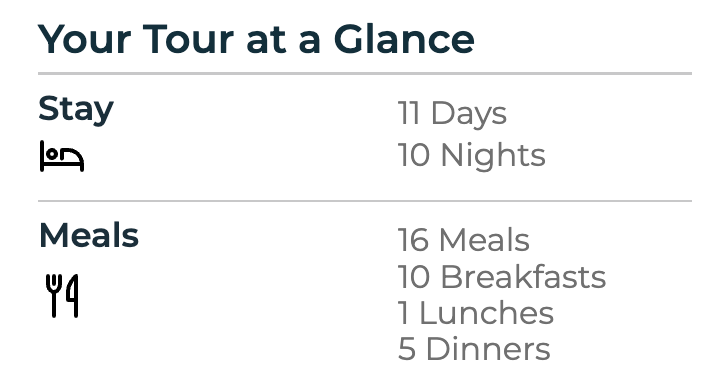 A table showing your tour at a glance with meals and dinners