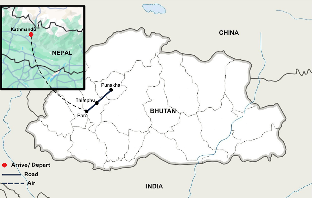 A map showing the location of nepal and bhutan