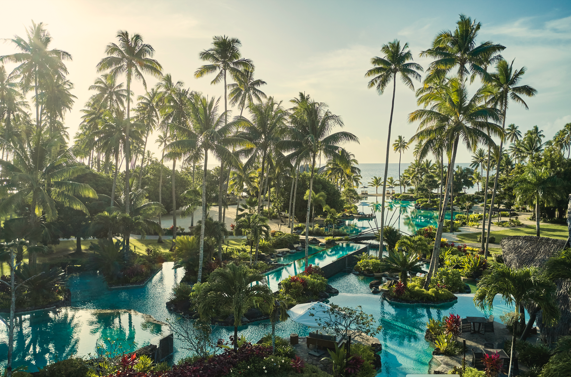 A large swimming pool surrounded by palm trees and flowers in Fiji at Como Hotel. 