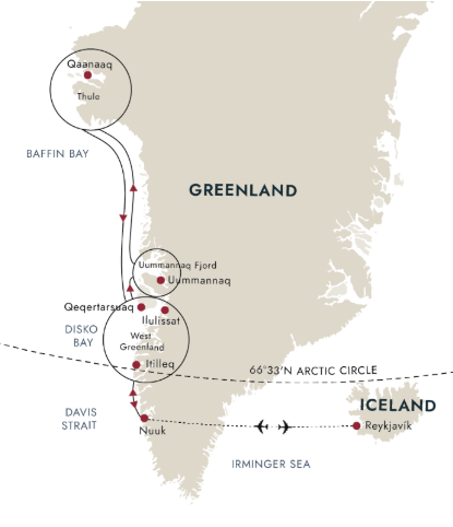 A map showing the route of Hurtigruten Expeditions' Grand Greenland cruise.