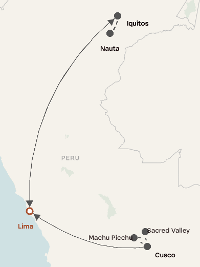 A map showing the route of Abercrombie & Kent's Machu Picchu & the Amazon tour through Peru.
