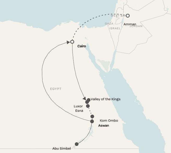 A map showing the route of Abercrombie & Kent's Pharaohs & Pyramids tour through Egypt.