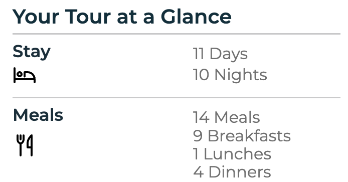 A picture of a tour at a glance with meals , breakfasts , lunches and dinners.