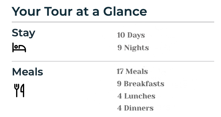 A table showing your tour at a glance and meals