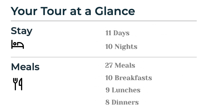 A table showing your tour at a glance with meals and dinners