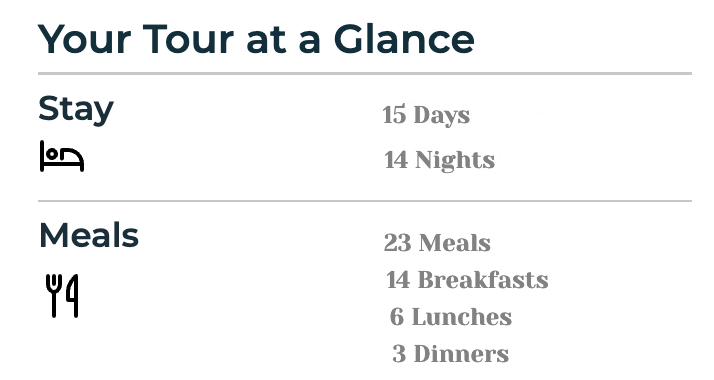 A table showing your tour at a glance and meals