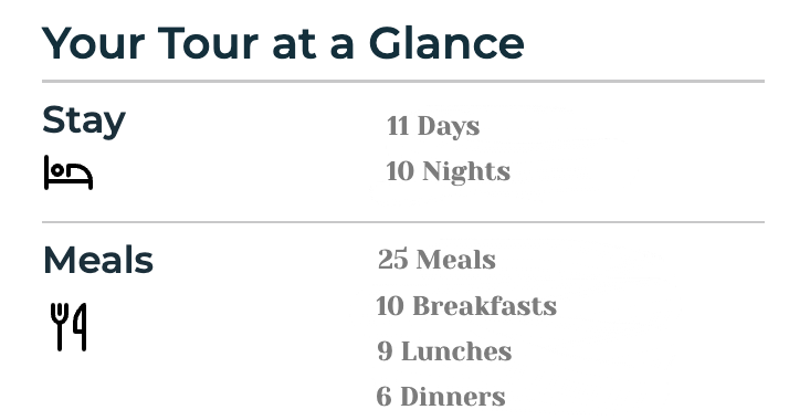 A table showing your tour at a glance and meals