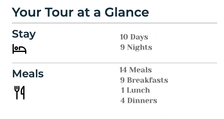 A table showing your tour at a glance and meals