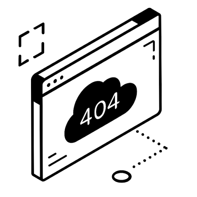 A black and white drawing of a computer screen with a 404 error message.