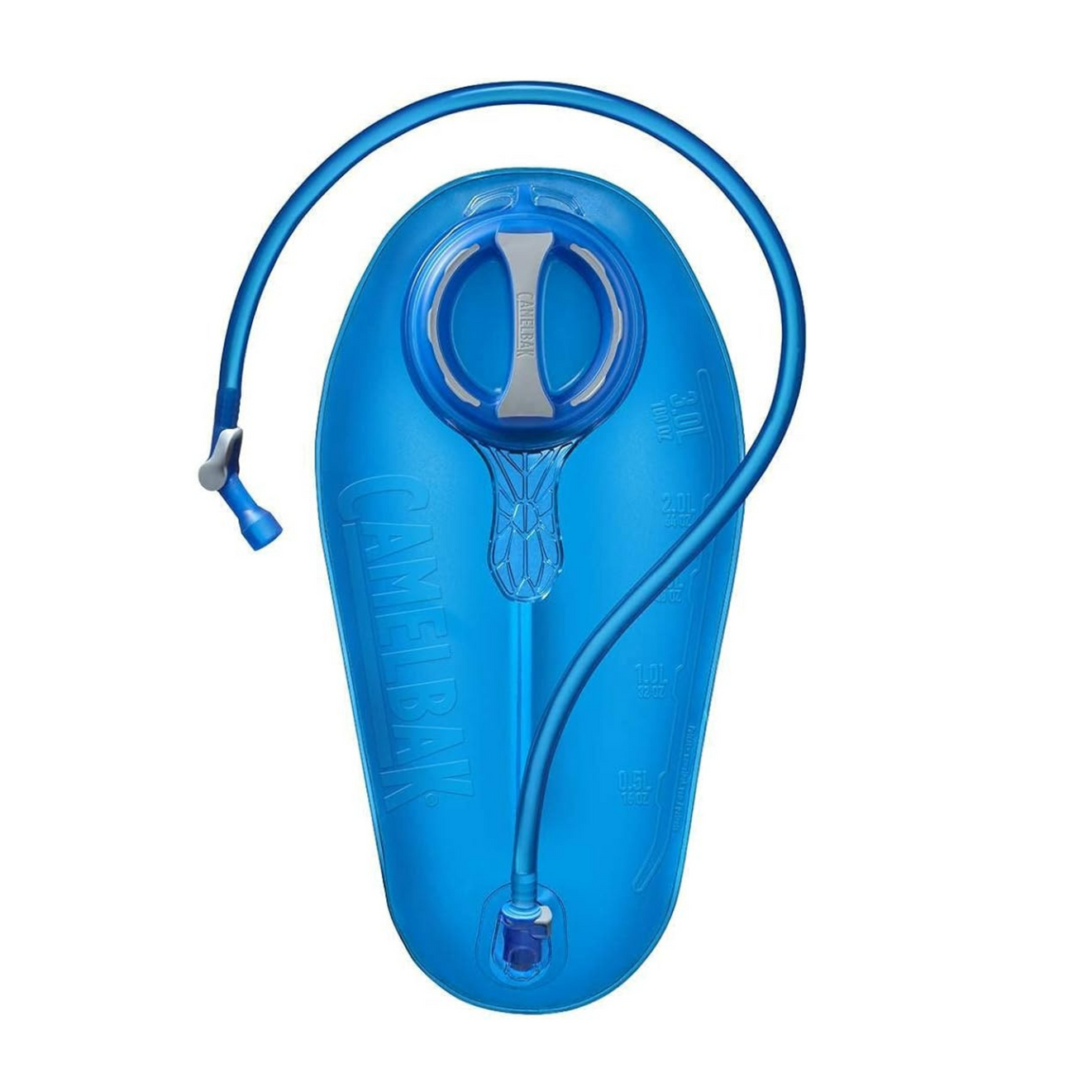 A blue water bag with a hose attached to it