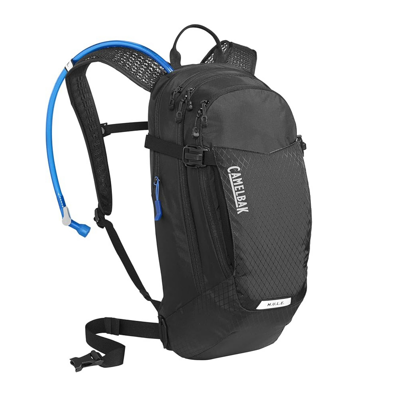 A black camelbak backpack with a blue hose attached to it.