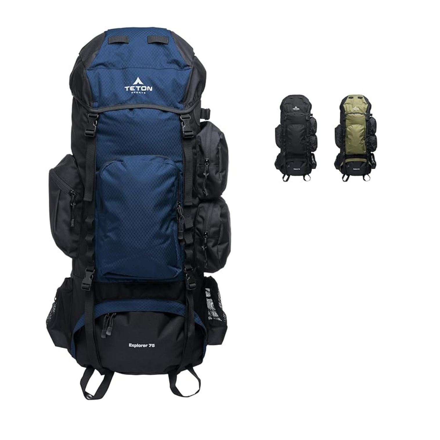 A blue and black backpack with the word teton on it