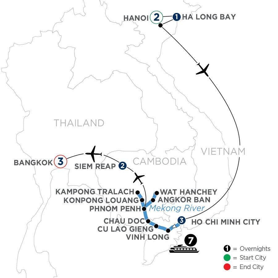 A map showing the route of a trip to Thailand and Vietnam.
