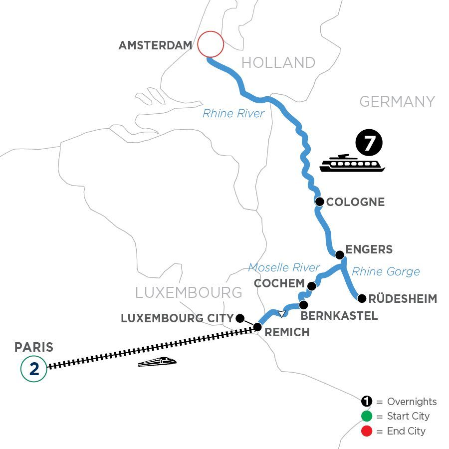A map showing the route of a boat from amsterdam to holland