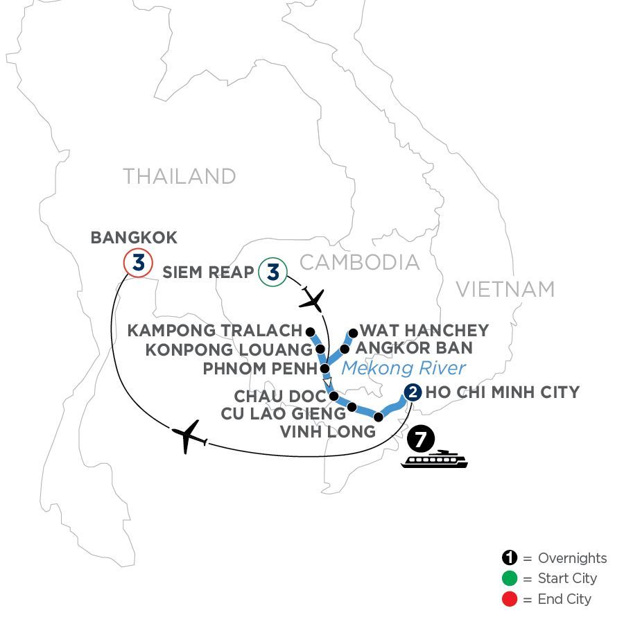 A map showing the route of a trip to Cambodia, Vietnam, and Bangkok.