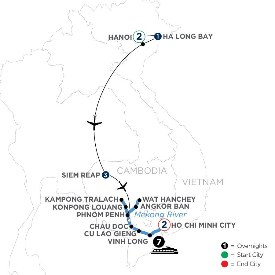 A map showing the route of a trip to cambodia and vietnam.