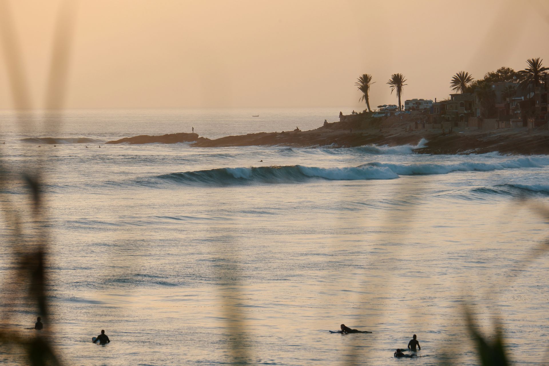 A group of people are surfing in the ocean at sunset in Taghazout, Morocco.