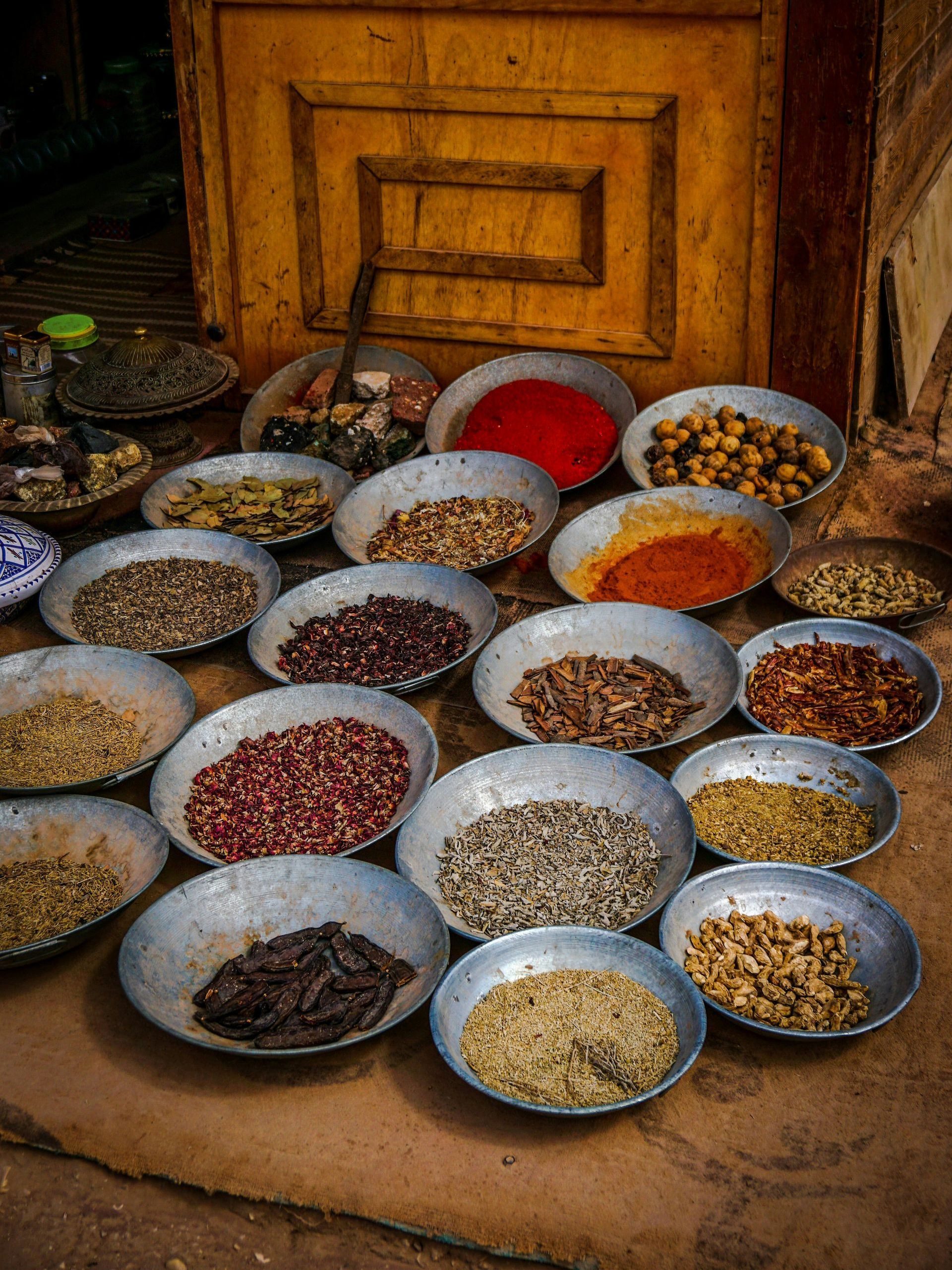There are many different types of spices in the bowls in Egypt.