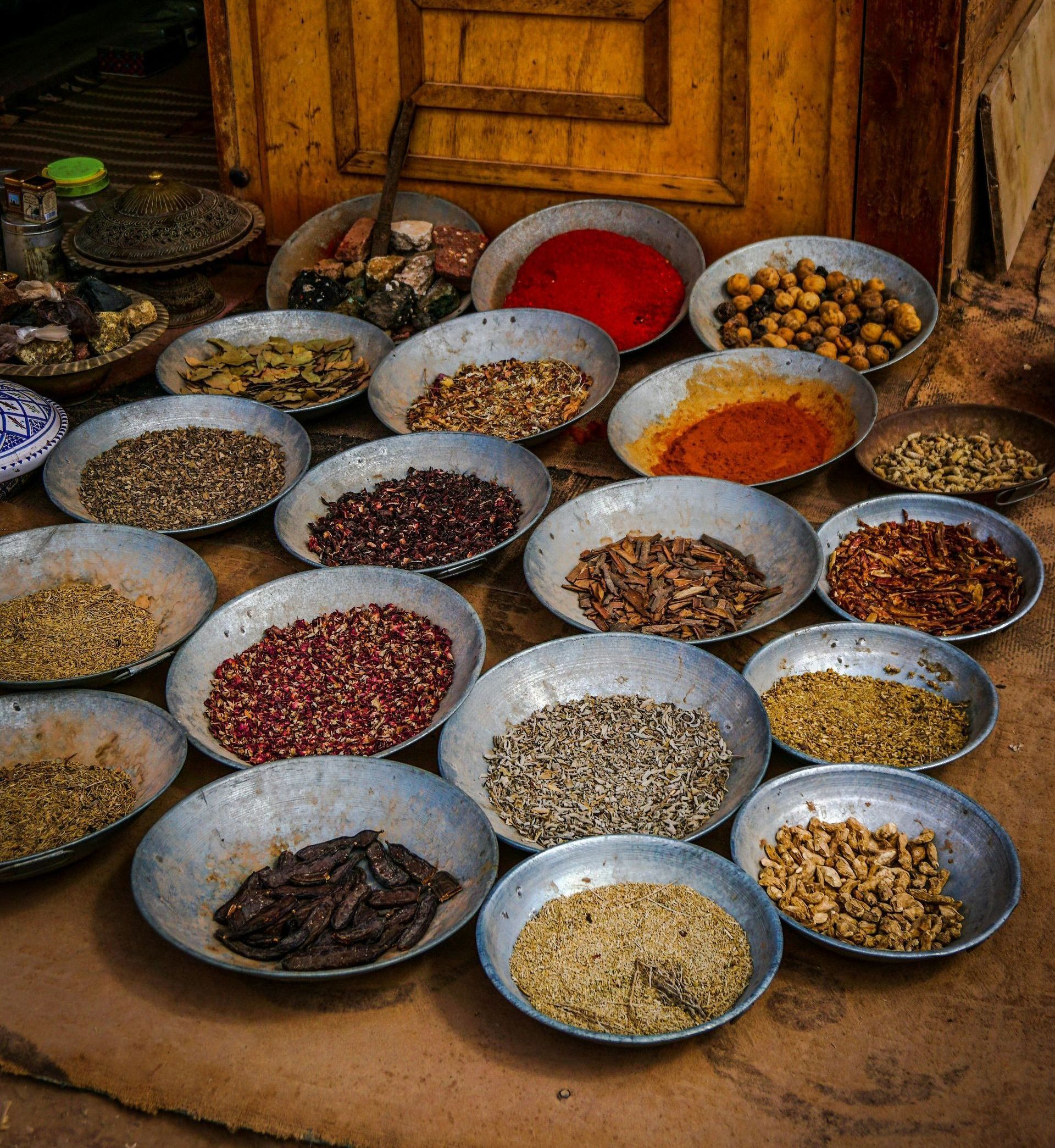 There are many different types of spices in the bowls in Egypt.
