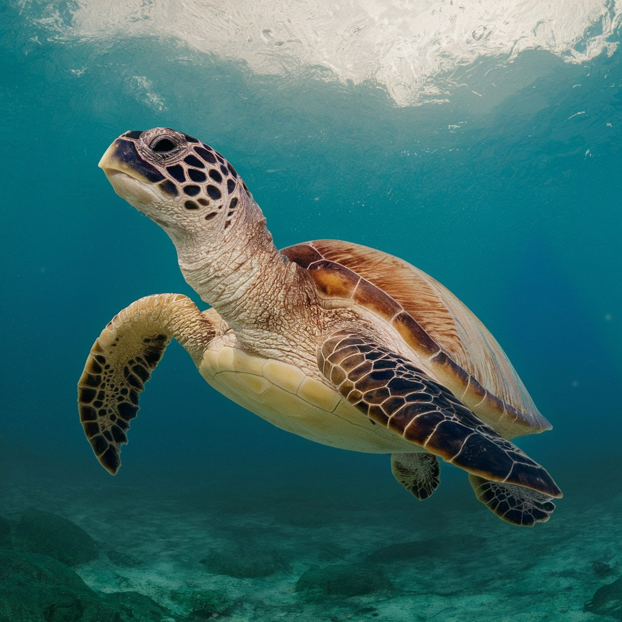 A sea turtle is swimming in the ocean in the Galapagos.