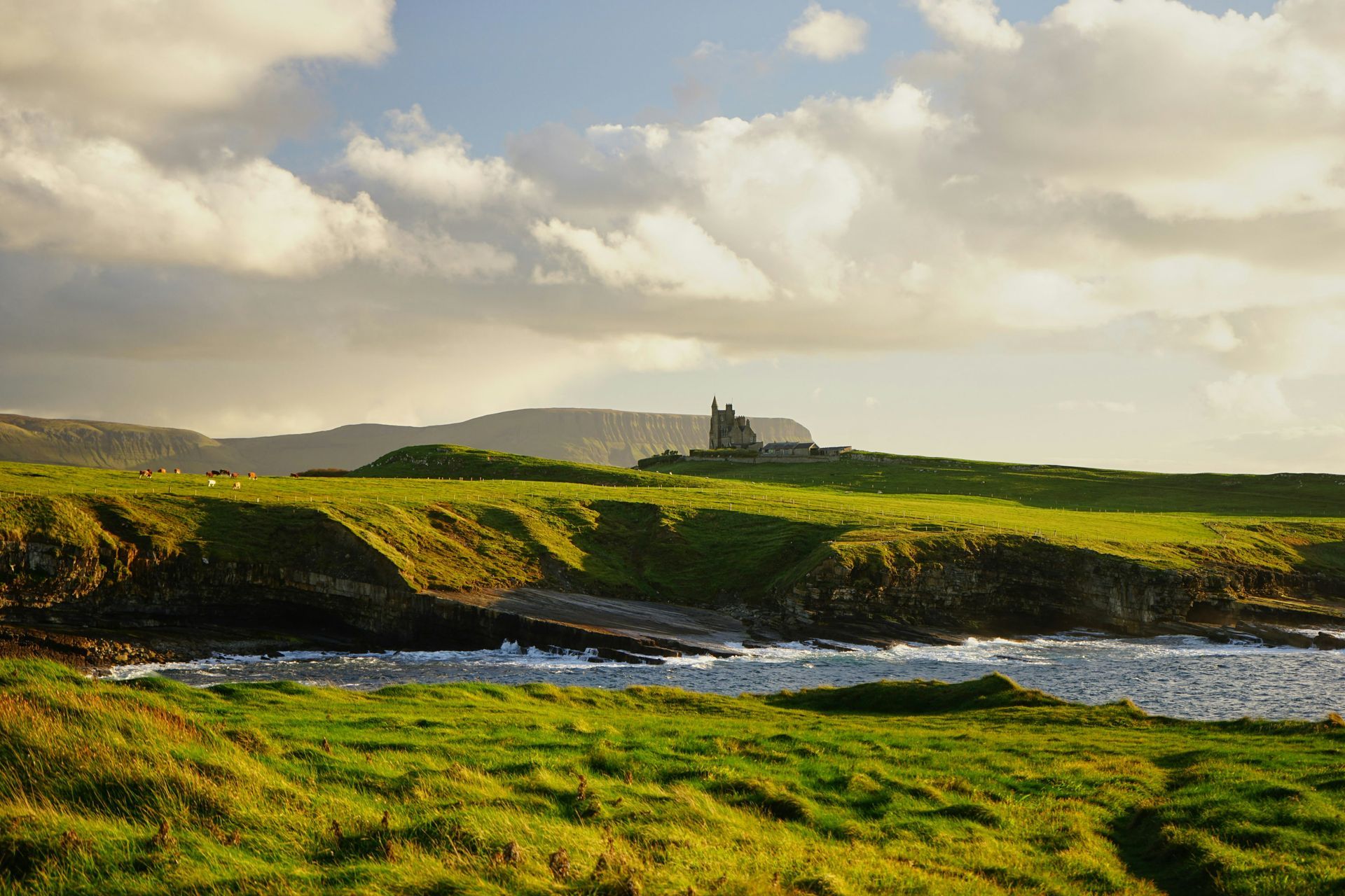 Grassy coastline with a stone castle atop a hill under a cloudy sky in Ireland.