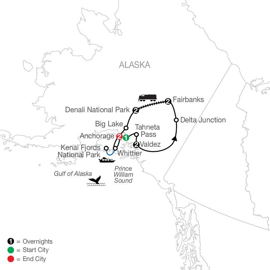 A map of alaska showing the route of a tour.