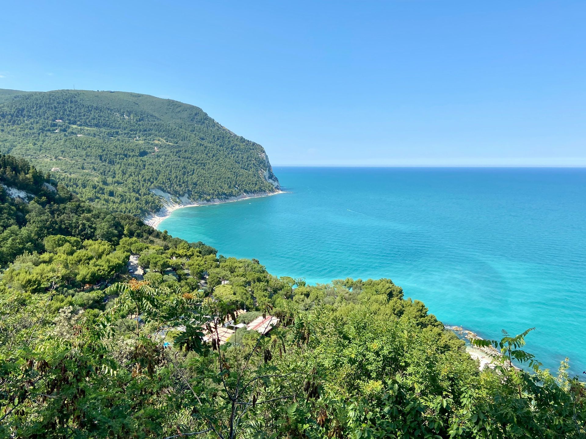 A view of a turquoise ocean from a cliff surrounded by trees in Sirolo, Italy.