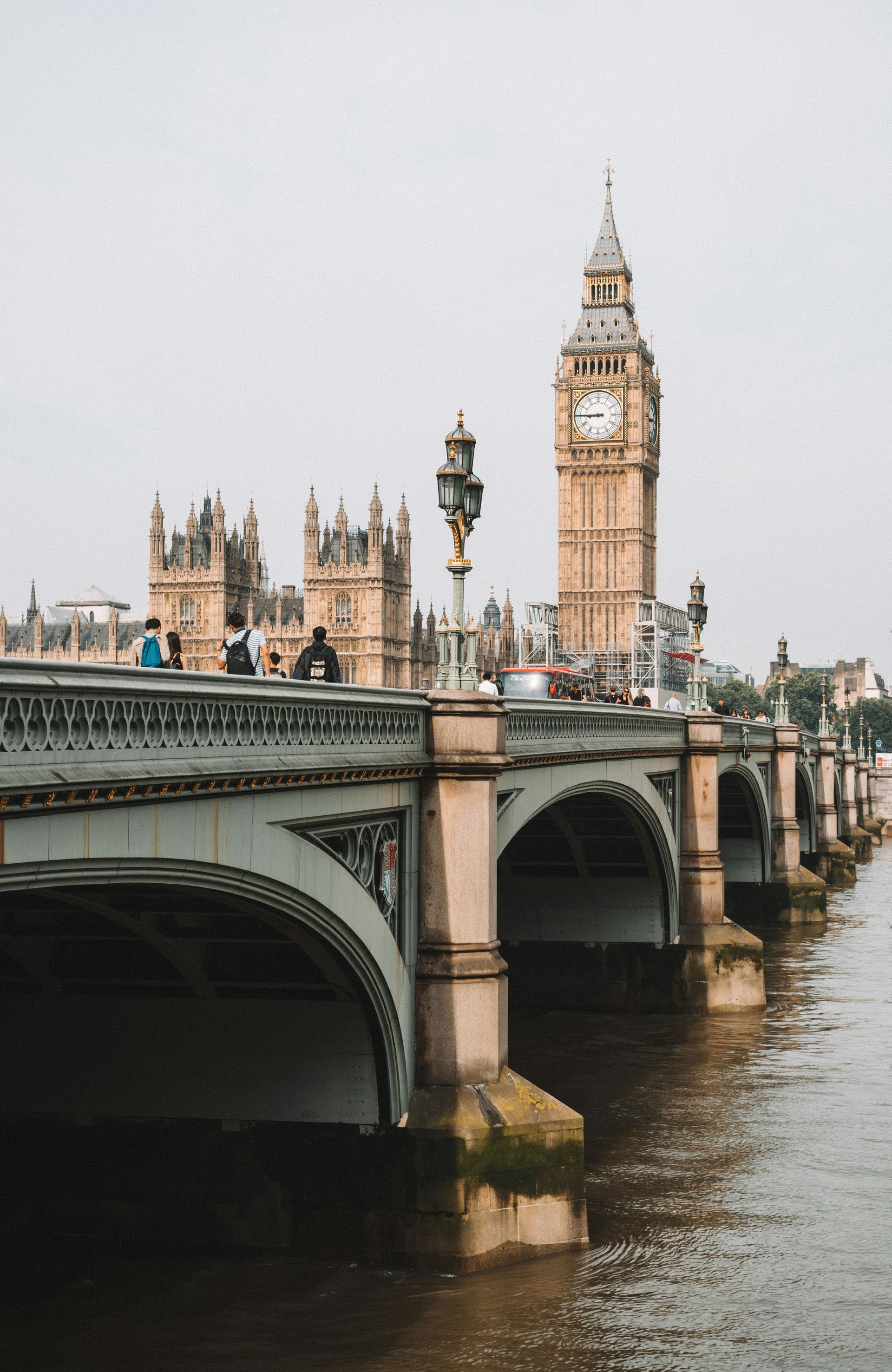 Westminster Bridge with Big Ben and Parliament buildings in London, England.