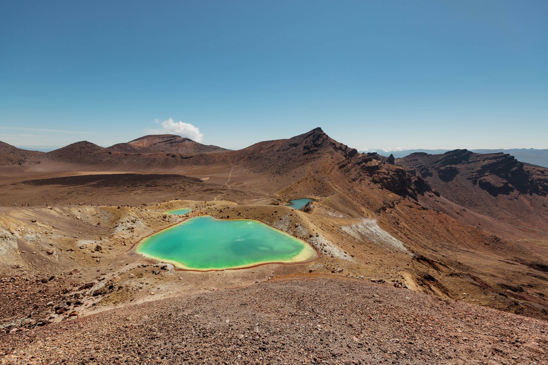 A view of a desert landscape with a mountain in the background from the Tongariro Alpine Crossing, New Zealand.
