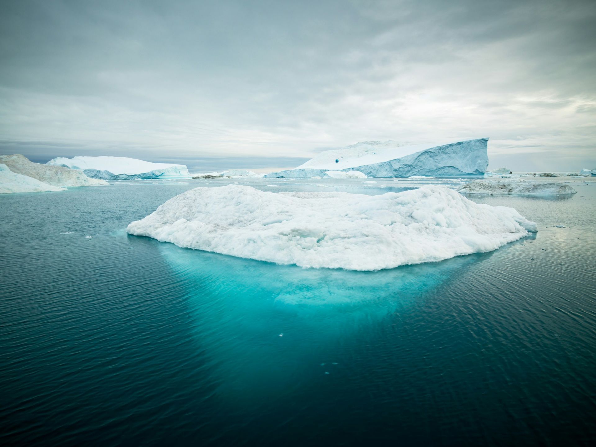 Iceberg floating on turquoise water, overcast sky at the Ilulissat Icefjord, Greenland.
