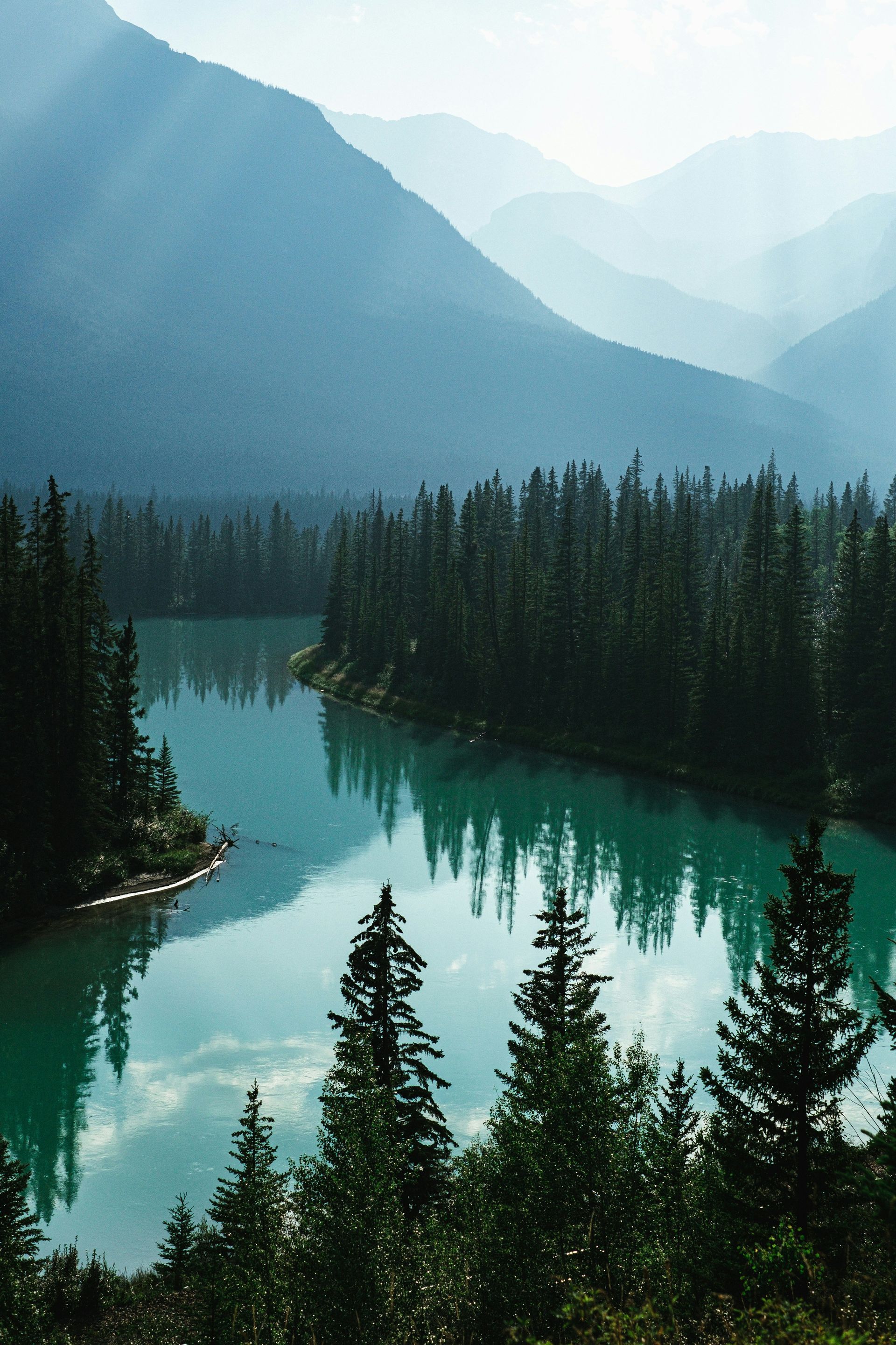 Turquoise river winds through a forest and under misty mountains. Sunbeams break through the sky in Banff, Canada.