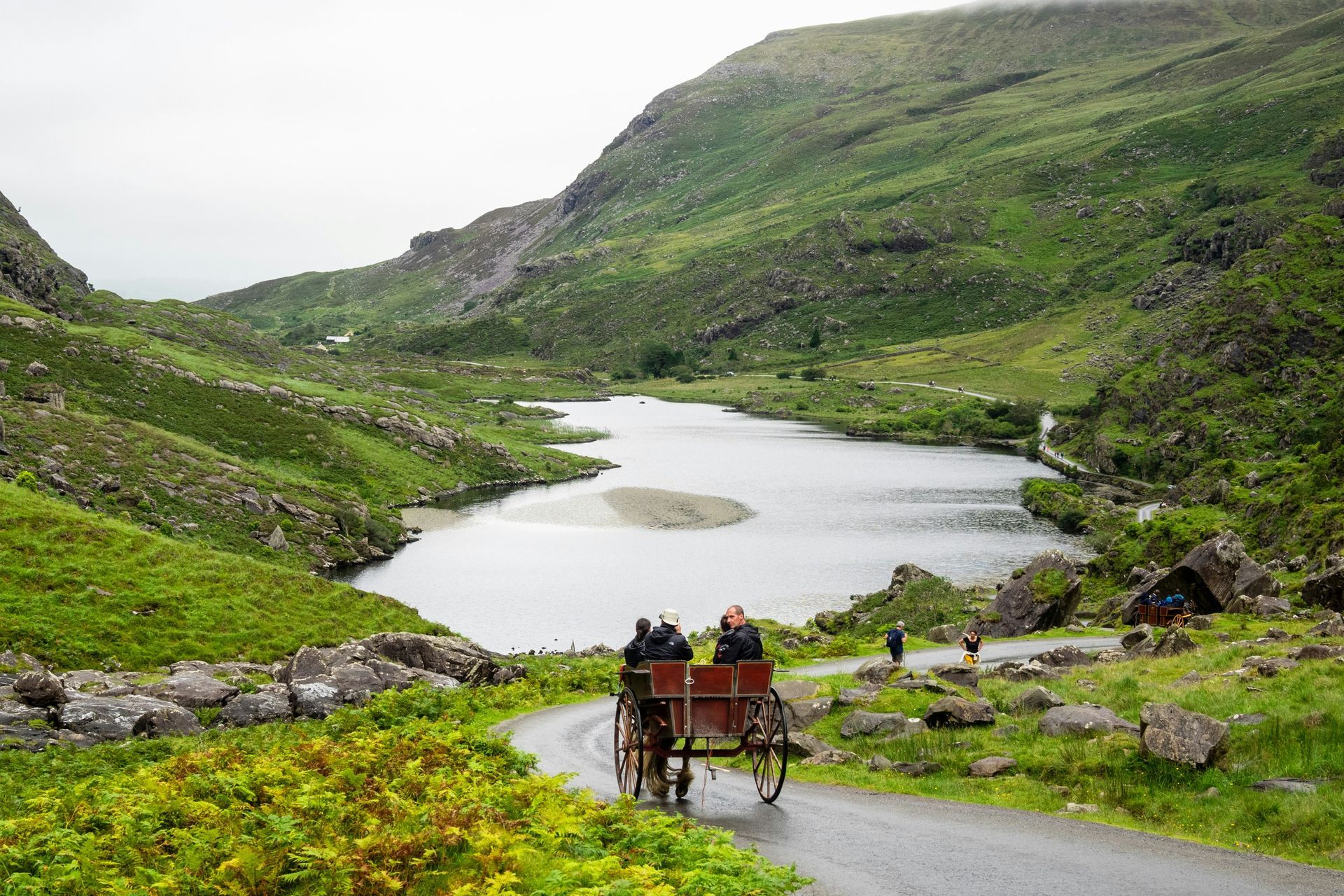 Horse-drawn carriage travels along a road beside a lake in a green, mountainous valley in Killarney, Ireland.