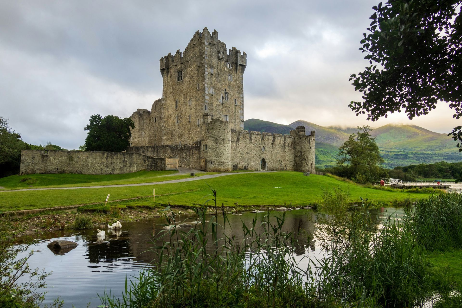 Medieval stone Ross Castle on a grassy hill, reflected in lake water, under a cloudy sky in Killarney, Ireland.