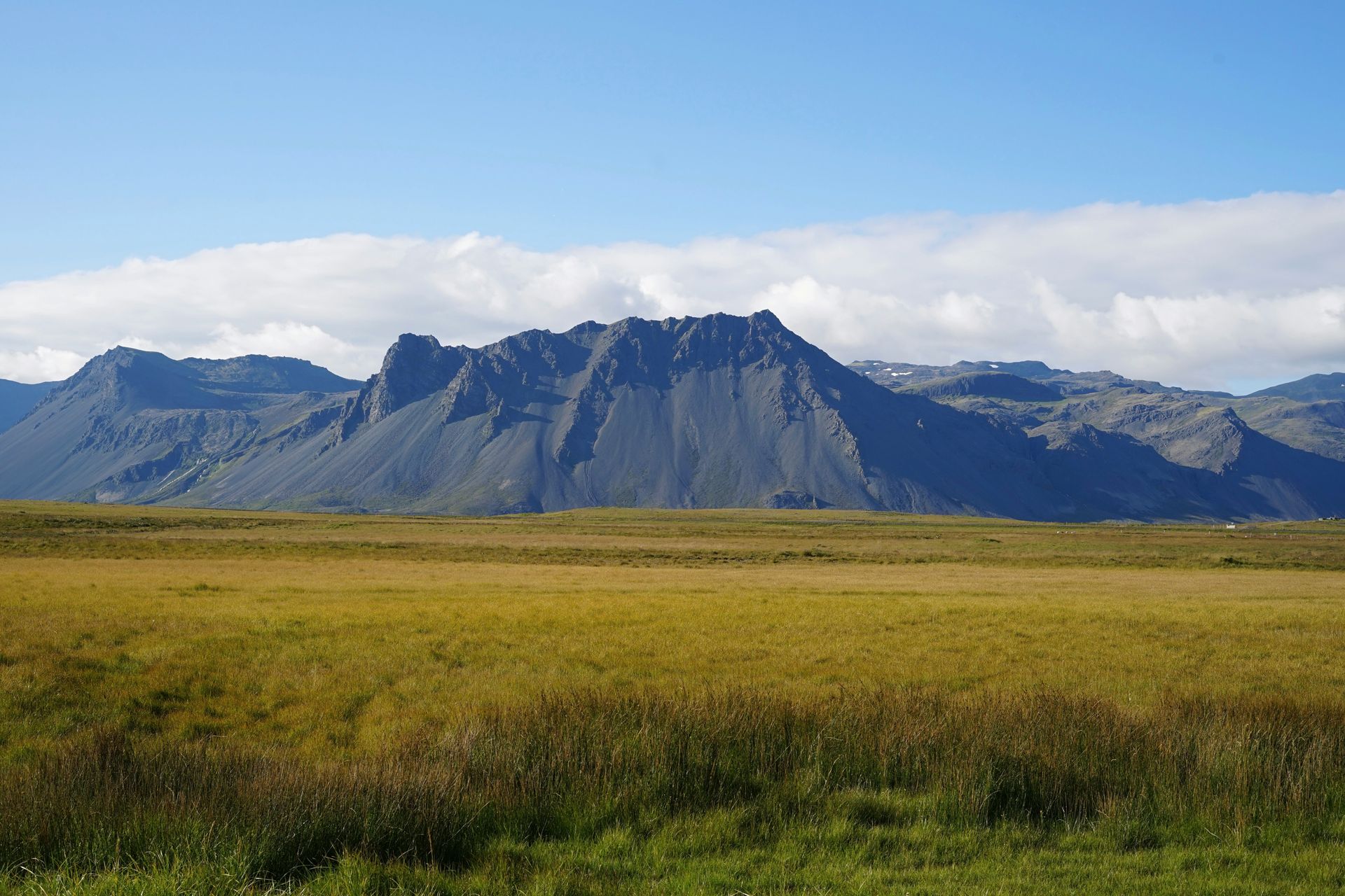 Mountains rise above a golden field, under a blue sky with wispy clouds in Snæfellsnes, Iceland.