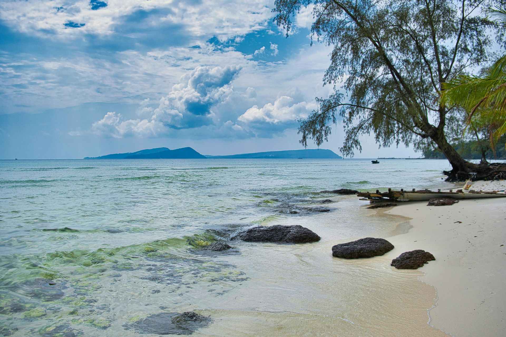 Sandy beach with clear turquoise water, cloudy blue sky, and a tree in Koh Rong, Cambodia.