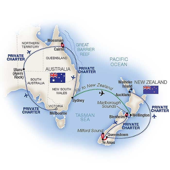 A map of australia and new zealand showing the route of a private charter