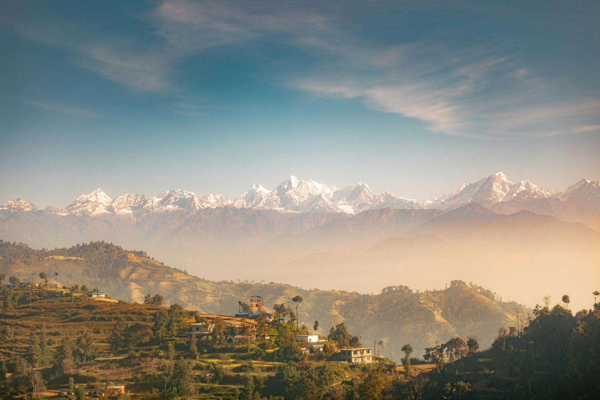 The Himalayan mountain range with snow-capped peaks behind the city of Kathmandu, Nepal.