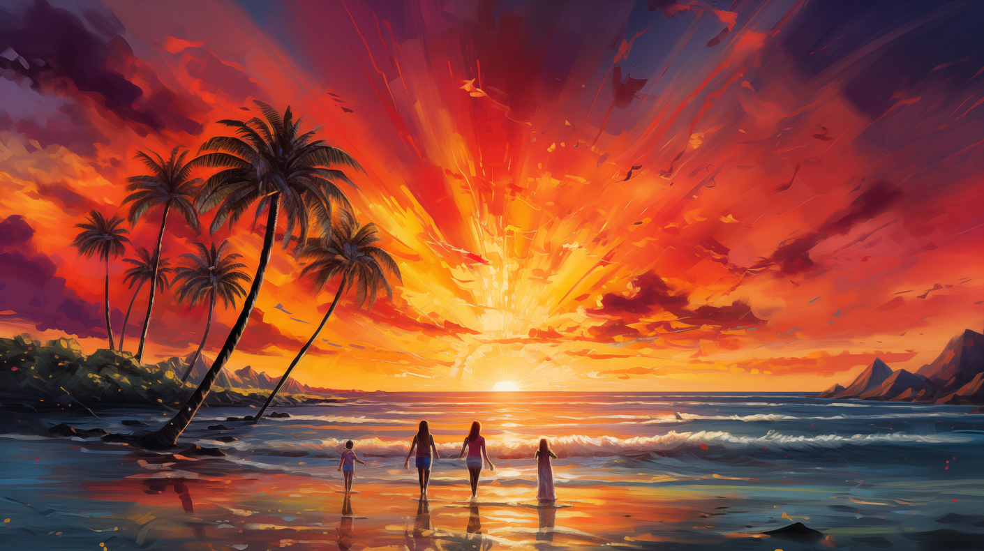 A group of people standing on a beach at sunset.