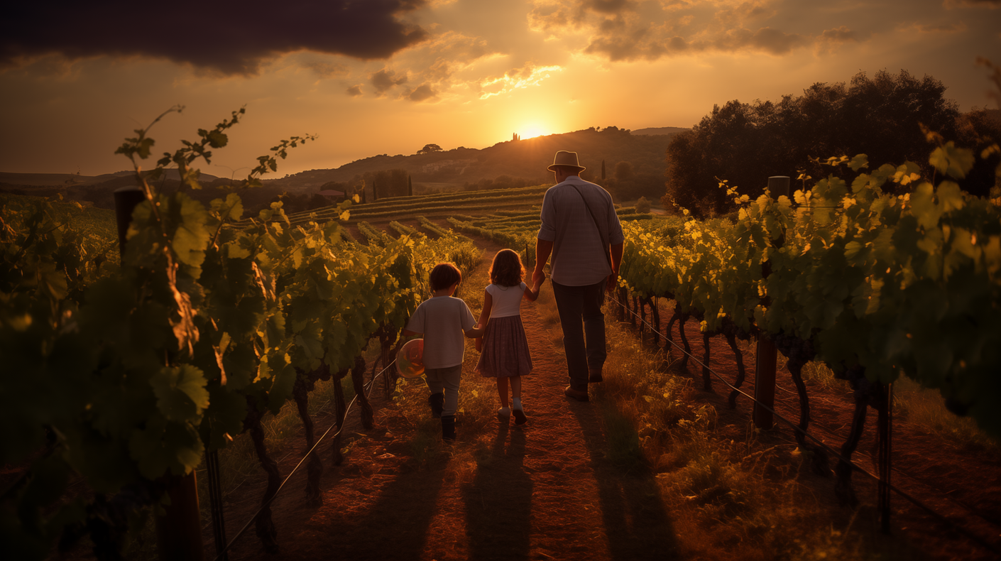 A man and two children are walking through a vineyard at sunset.