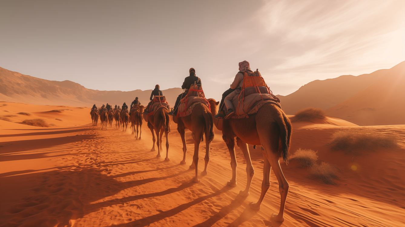A group of people are riding camels down a dirt road in the desert.
