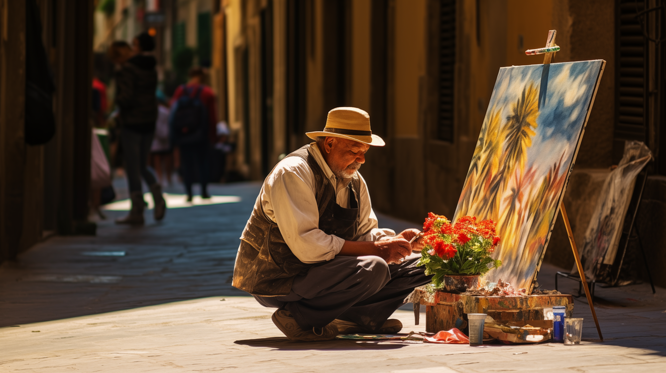 A man is kneeling down on the sidewalk painting flowers on an easel.
