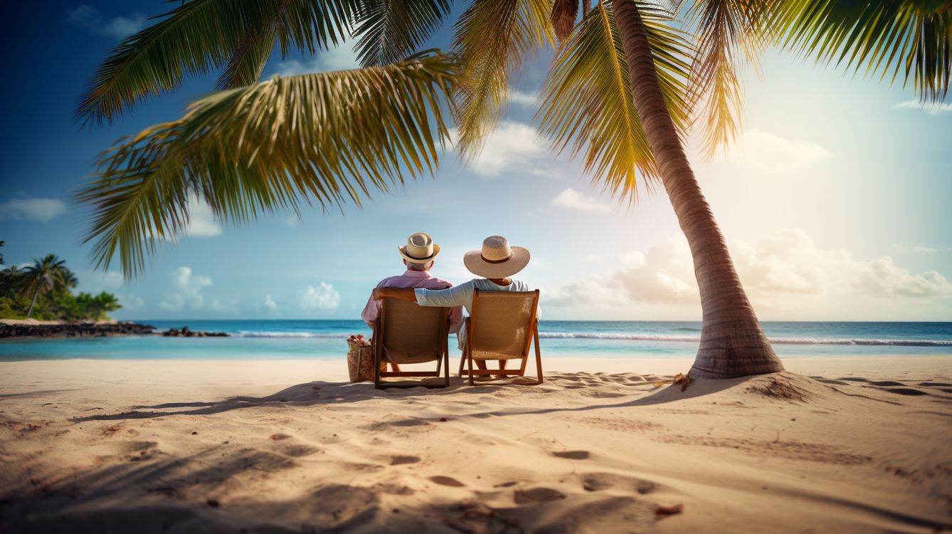 A couple is sitting in chairs on a beach under a palm tree.