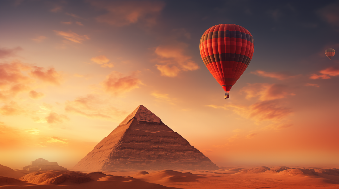 A hot air balloon is flying over the pyramids at sunset.
