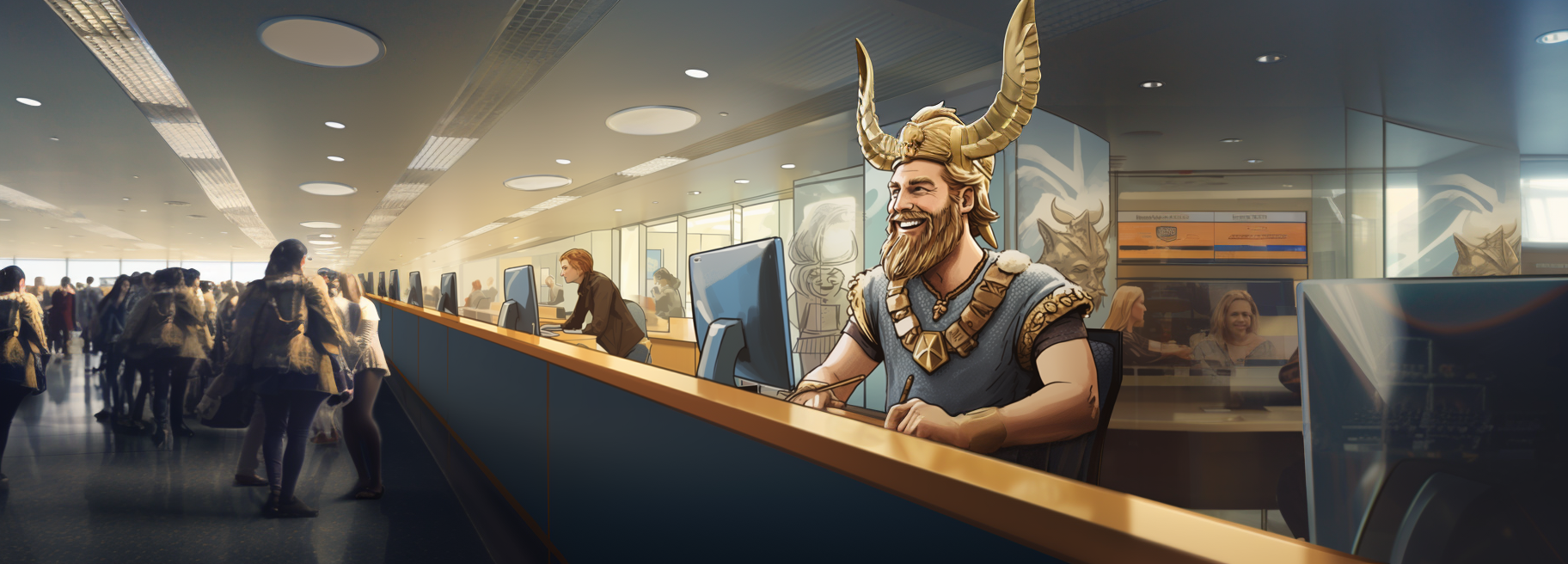 A man dressed as a viking is sitting at a counter in an airport.
