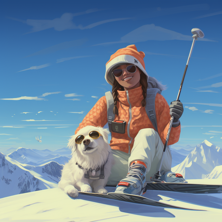 A woman is sitting on skis with a dog